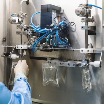 Operator work and fill substance in package on infusion pharmaceutical industry or chemical plant