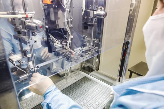 Operator work and fill substance in package on infusion pharmaceutical industry or chemical plant