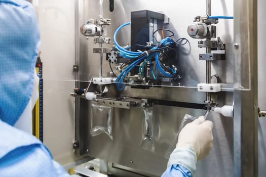 Operator work and fill substance in package on infusion pharmaceutical industry or chemical plant
