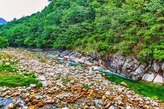 River with rocks and stones in mountain forest in South Korea