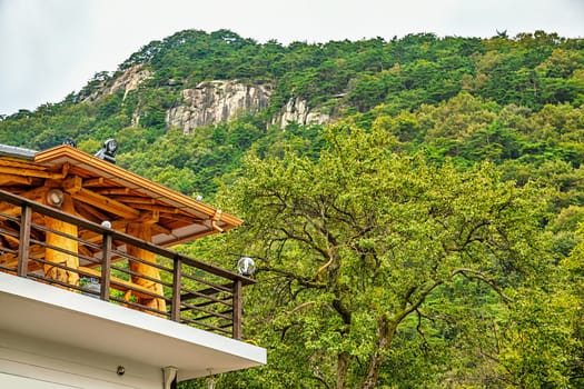 Terrace on house roof with view on mountains in South Korea
