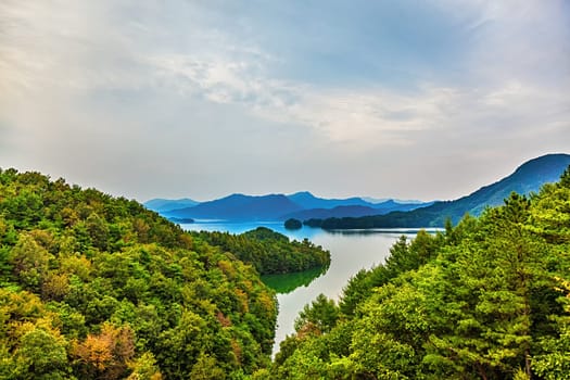 Mountains with green trees and lake landscape in South Korea