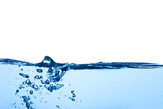 Abstract clean flow ripple surface on liquid. Light blue water wave with air bubbles and a little bit splashed underwater, studio shot isolated on white background