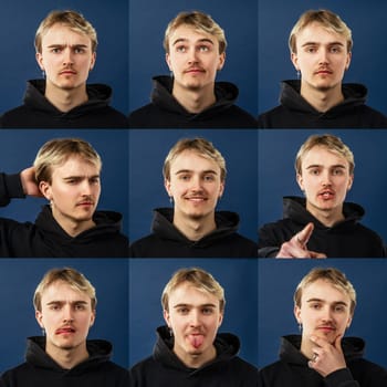 Portrait collage of man with different facial expressions over dark blue background.