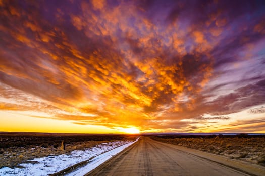 Spectacular sunsen in high desert in New Mexico in winter