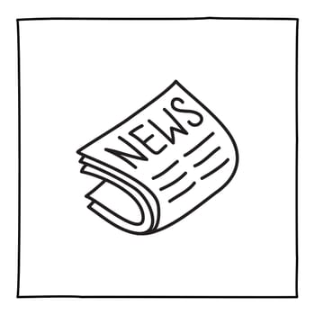 Doodle newspaper icon or logo, hand drawn with thin black line. Isolated on white background. Vector illustration