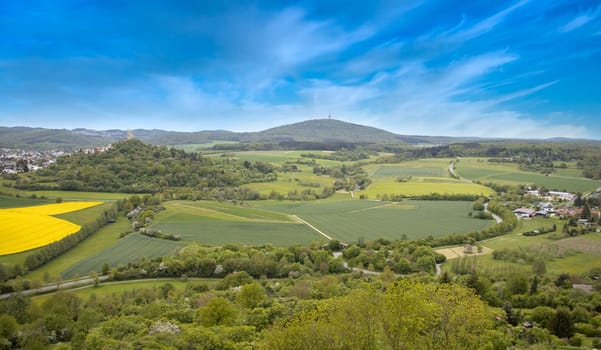 View on castle ruin vetzberg from the medieval castle ruin gleiberg in summertime with beautiful poppy meadows