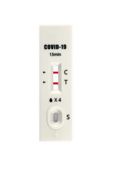Covid 19 self test shows positive infection isolated over white background