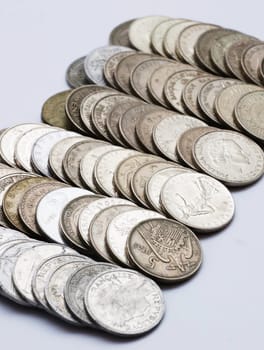 Many different coins collection on white background