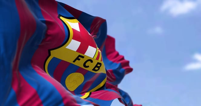 Madrid, Spain, May 2022: The flag FC Barcelona waving in the wind on a clear day. FC Barcelona is a Spanish professional football club based in Barcelona
