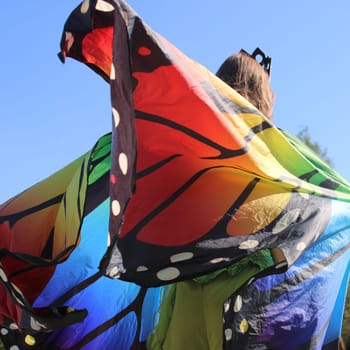 A girl in a colorful butterfly costume stands with her back..