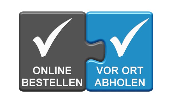 Puzzle Button with Checkmark Symbol showing Order Online and Pick Up in store in german language