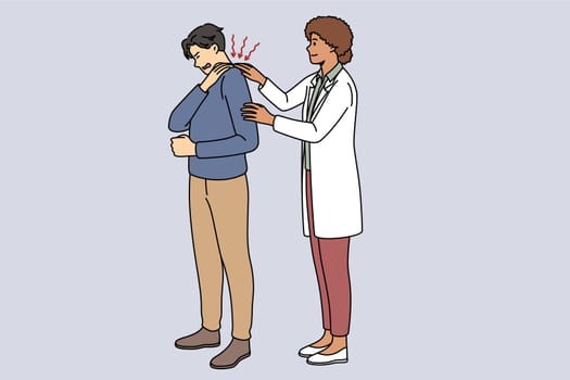 Physiotherapist help male patient with backache, suffering from spasm. Female doctor massage man shoulder or neck muscles, relieve tension in back. Healthcare. Vector illustration.