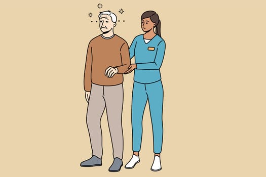 Caring nurse help elderly male patient walking suffering from dizziness. Therapist or medical worker assist mature grandparent with rehabilitation. Healthcare. Vector illustration.