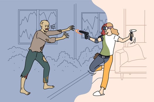 Joyful young woman in VR glasses play zombie game at home. Playful millennial girl in virtual reality headwear have fun enjoy new gaming activity. Vector illustration.