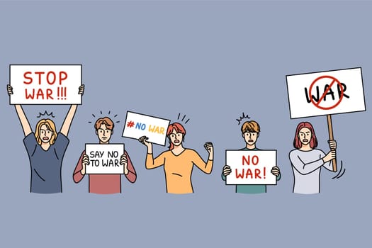 People with No War banners protest on streets against military aggression. Men and women activists with signs saying Stop War walk on demonstration. Ukraine Russian war. Vector illustration.