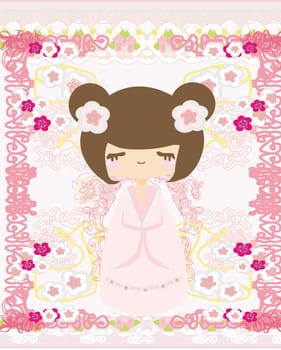Kokeshi doll on the pink background with floral ornament