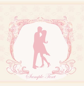 Floral greeting card with silhouette of romantic couple