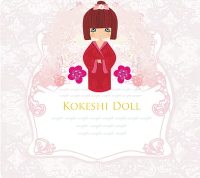 Kokeshi doll on the pink background with floral ornament