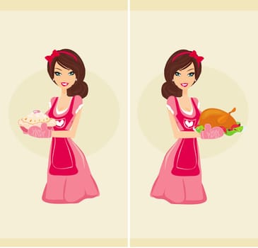 Beautiful Waitress serving chicken and cake