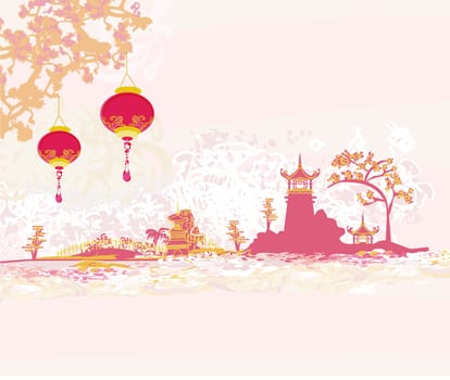 old paper with Asian Landscape and Chinese Lanterns - vintage japanese style background