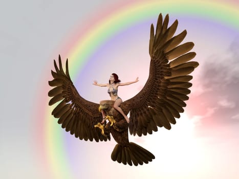 Computer generated 3D illustration with a woman on a huge flying golden eagle in sky in front of a rainbow