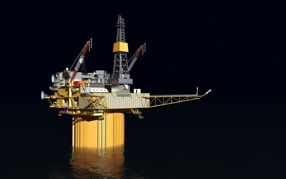 Computer generated 3D illustration with an oil platform in the sea at night
