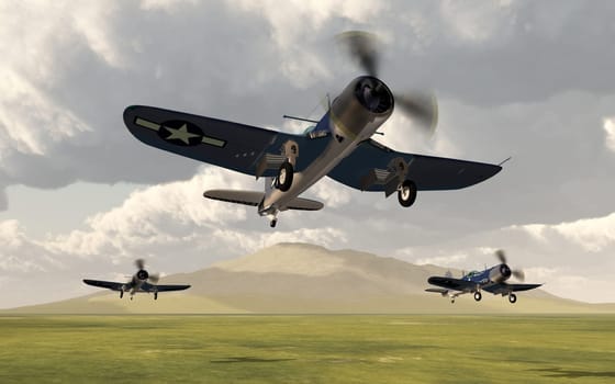 Computer generated 3D illustration with American fighter planes of World War II