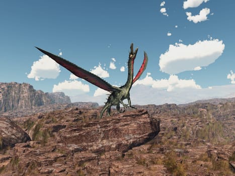 Computer generated 3D illustration with a dragon on a rock in a mountain landscape