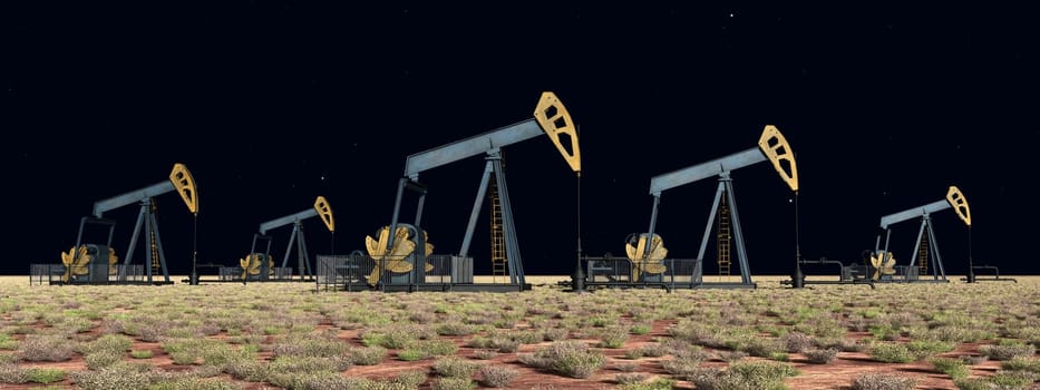 Computer generated 3D illustration with oil pumps in a landscape at night