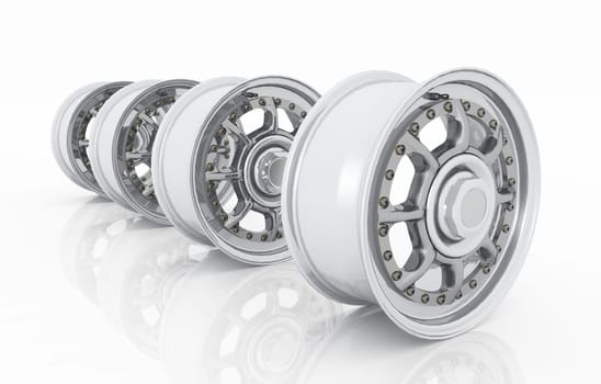 Computer generated 3D illustration with four wheels against a white background
