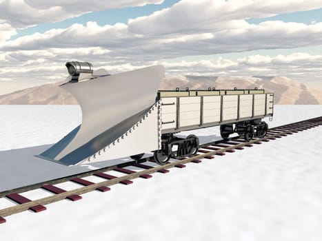 Computer generated 3D illustration with a wedge snow plow rail car in a winter landscape