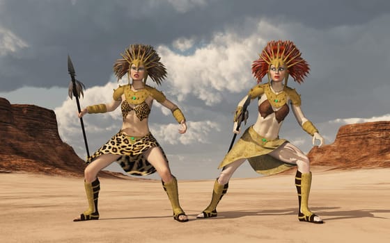 Computer generated 3D illustration with two female Amazon fighters in a landscape