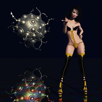 Computer generated 3D illustration with spaceship and attractive woman in futuristic clothes in a distant world