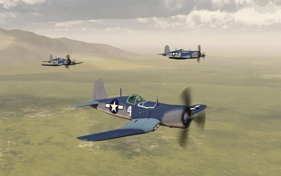 Computer generated 3D illustration with American fighter planes of World War II