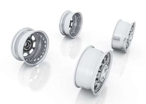 Computer generated 3D illustration with four wheels against a white background