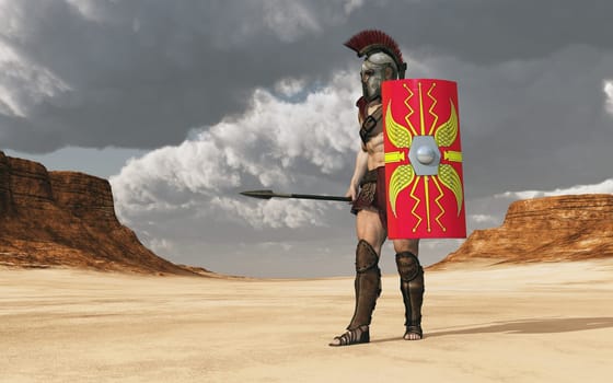 Computer generated 3D illustration with a Roman legionary of ancient Rome in a landscape
