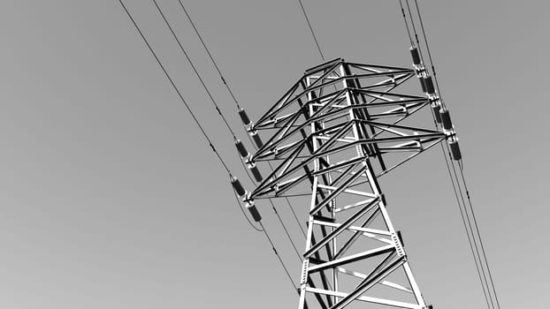 Computer generated 3D illustration with an overhead power line in black and white