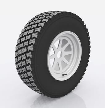 Computer generated 3D illustration with a car tire against a white background
