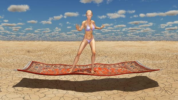 Computer generated 3D illustration with an attractive woman in bikini on a flying carpet over a landscape