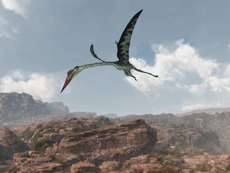 Computer generated 3D illustration with the pterosaur Quetzalcoatlus above a rocky landscape