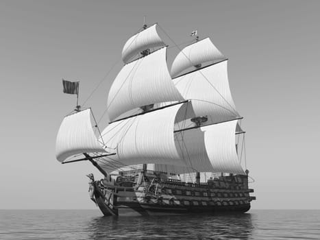 Computer generated 3D illustration with a French warship of the 18th century in black and white