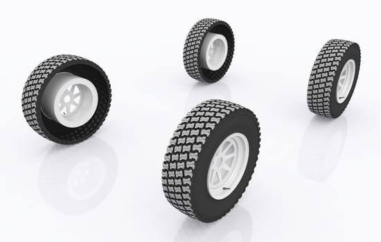 Computer generated 3D illustration with four car tires against a white background