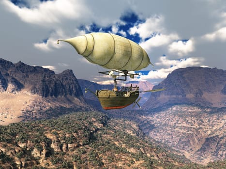 Computer generated 3D illustration with a fantasy airship over a mountain landscape