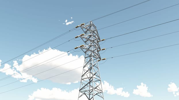 Computer generated 3D illustration with a high voltage power line against blue sky with fair weather clouds