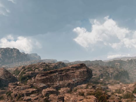 Computer generated 3D illustration with a rocky mountain landscape