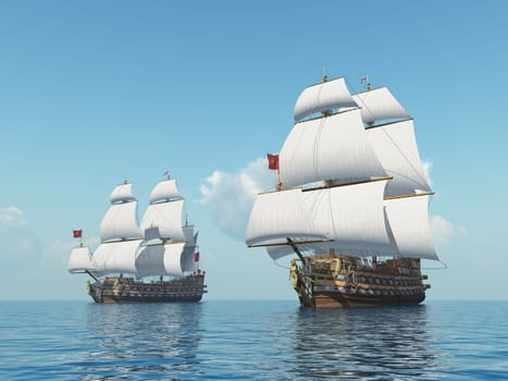 Computer generated 3D illustration with French warships of the 18th century