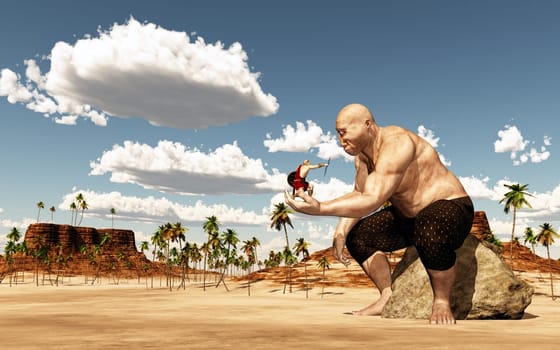 Computer generated 3D illustration with Greek god Zeus and the cyclops Polyphemus in a landscape