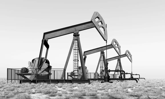 Computer generated 3D illustration with oil pumps in a landscape in black and white