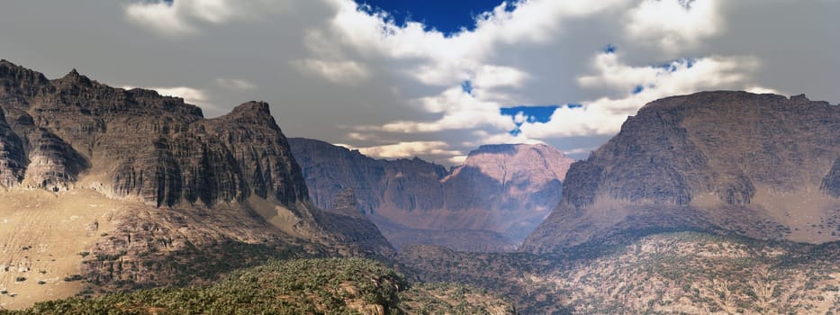 Computer generated 3D illustration of a rocky mountain landscape with a canyon